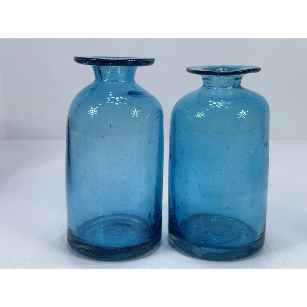 Vintage Hand Blown Blue Glass Vase Made In Mexico Bubbles In The Glass